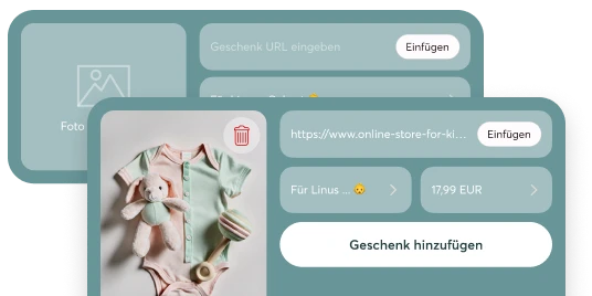 Screenshot der Detailansicht zum Hinzufügen eines Geschenks in die mobile-pocket Wunschliste. Die Ansicht zeigt eine Produkt-URL-Eingabe, ein Foto eines Baby-Stramplers und eines Stofftieres, sowie die Möglichkeit, den Preis (17,99 EUR) und die Liste (