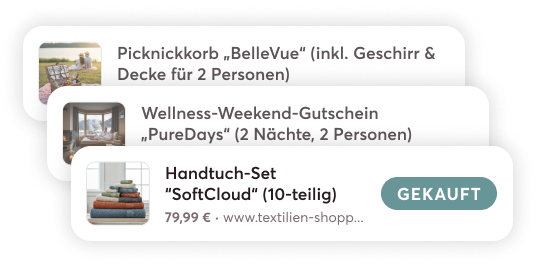 Drei gestapelte Zellen von Wishlist-Einträgen in der mobile-pocket App, die zeigen, dass ein Artikel als reserviert bzw gekauft markiert ist. Die Einträge sind 
