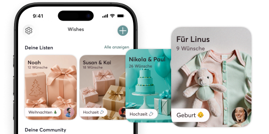 Screenshot der mobile-pocket Wunschlisten-App. Man sieht die Kachel-Übersicht der Wunschlisten für verschiedene Anlässe.