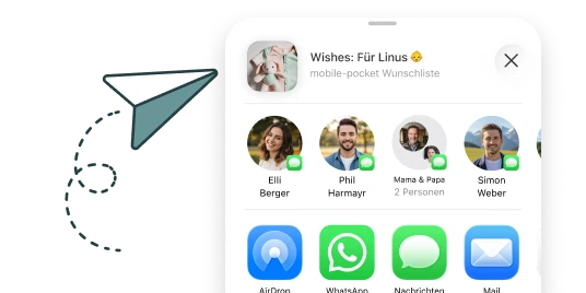 Screenshot des Teilen-Menüs der mobile-pocket Wunschlisten-App auf einem Smartphone. Die Wunschliste 