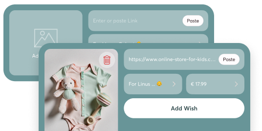Screenshot of the detail view for adding a wish to the mobile-pocket wishlist. The view shows a product URL input, a photo of a baby romper and a stuffed animal, as well as the option to enter the price (€17.99) and the list (