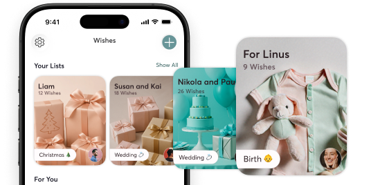 Screenshot of the mobile-pocket wishlist app. The tile overview of wishlists for various occasions is visible.