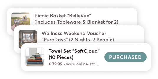 Three stacked cells of wishlist entries in the mobile-pocket app, showing that an item is marked as reserved or purchased. The entries are 