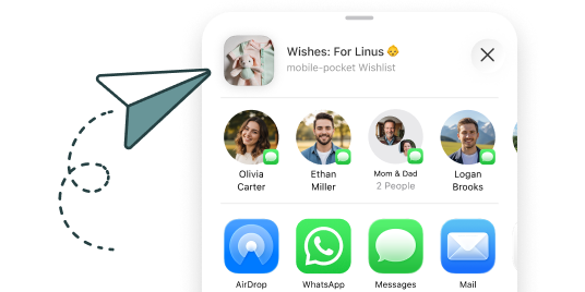 Screenshot of the share menu in the mobile-pocket wishlist app on a smartphone. The wishlist 