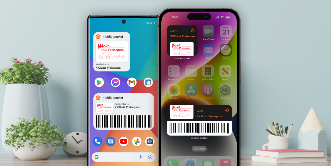 Display of the mobile-pocket widget with the digital XXXLutz loyalty card on Android and iPhone devices